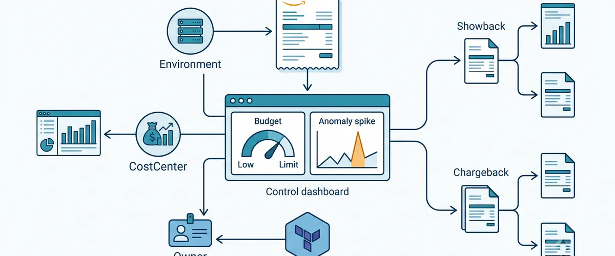 Blog post image for FinOps in Practice: How to Build a Cloud Cost Accountability Culture on AWS - How to run FinOps as a real practice on AWS: a lean tagging taxonomy enforced with Terraform and Organizations, automated budgets and anomaly detection, showback vs chargeback, and matching Savings Plans to your architecture roadmap.