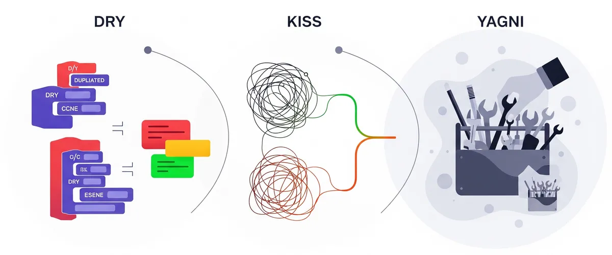 Blog post image for Software Engineering Principles Every Developer Should Know - The software engineering principles every developer should know: DRY, KISS, and YAGNI. What each one asks of you, and Python examples of the same code before and after applying them.