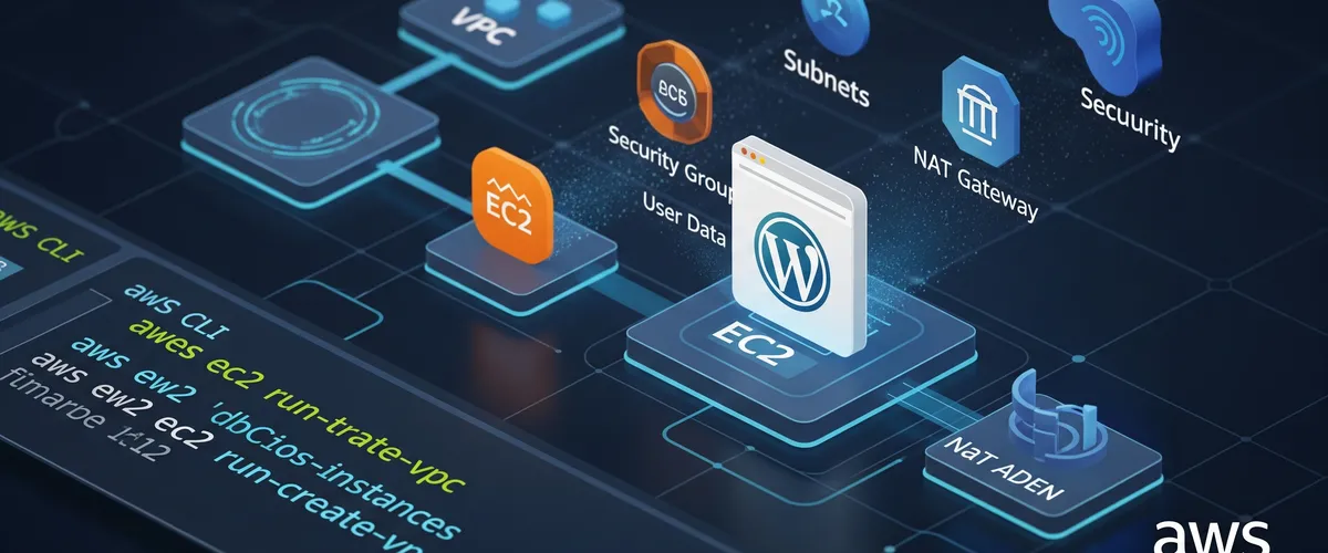 Blog post image for How To Create An AWS EC2 Instance Using AWS CLI - How to build a VPC, subnets, an internet gateway, a NAT gateway, a route table, and a security group with the AWS CLI, then launch an EC2 instance whose user data installs Apache, PHP, MariaDB, and WordPress.